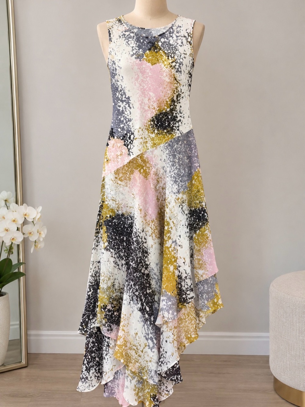 Abstract Print Sleeveless Maxi Dress in White, Pink & Gold